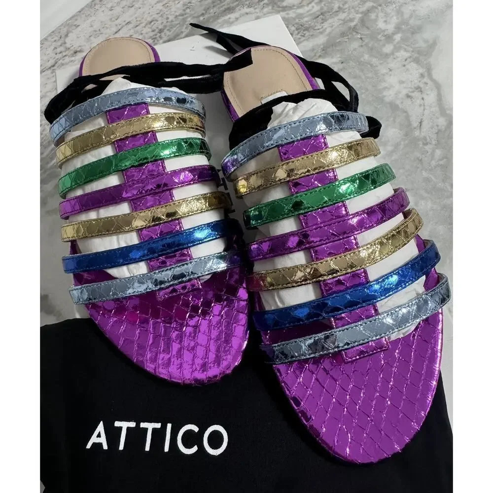 New Attico Rainbow Metallic Strappy Flat Slide on Sandals Size 35